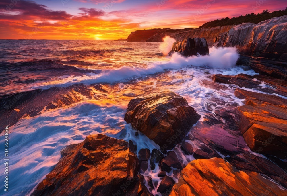 Fototapeta premium vibrant waves crashing rocky shoreline during stunning sunset creating vivid display colorful skies sea foam, beach, coastline, ocean, rocks, colors, sky