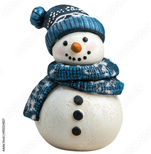 Cheerful snowman wearing a blue scarf and hat with snowflake designs in winte...