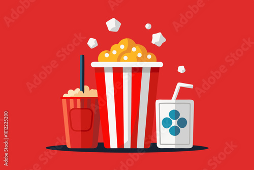 Movie cinema popcorn bucket and cola drink cup with splash, Pop corn snack and soda beverage in red cup with ice cubes splash and flying popcorn from bucket