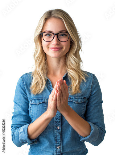 Young woman smiling with hands clasped in a welcoming gesture against a white...