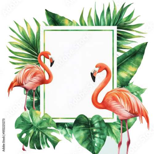 Colorful tropical frame with flamingos and lush greenery suitable for summer ...