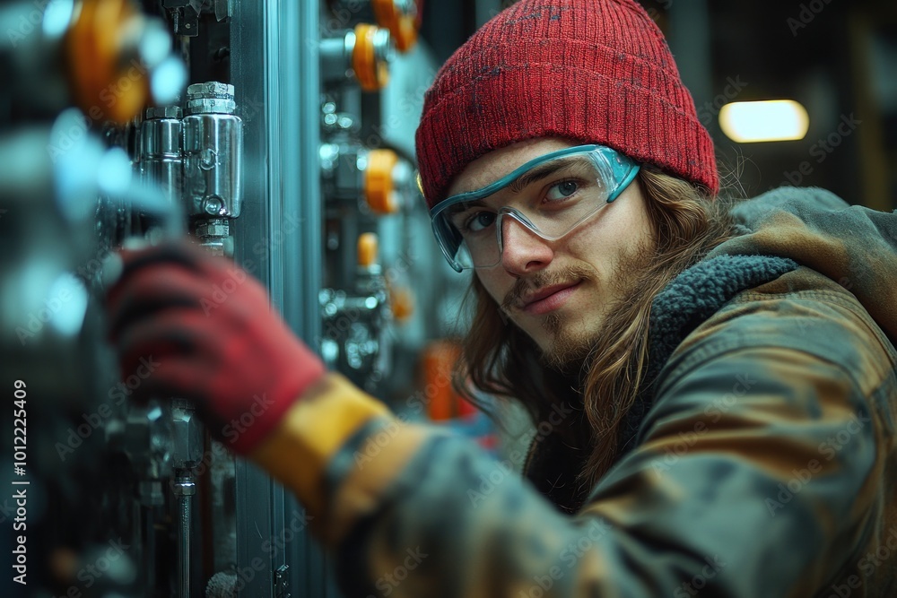A young male industrial worker wearing a beanie, safety goggles, and gloves, looks intently at the camera while working on a control panel. A young male industrial worker wearing a beanie, safety goggles, and gloves, looks intently at the camera while working on a control panel.