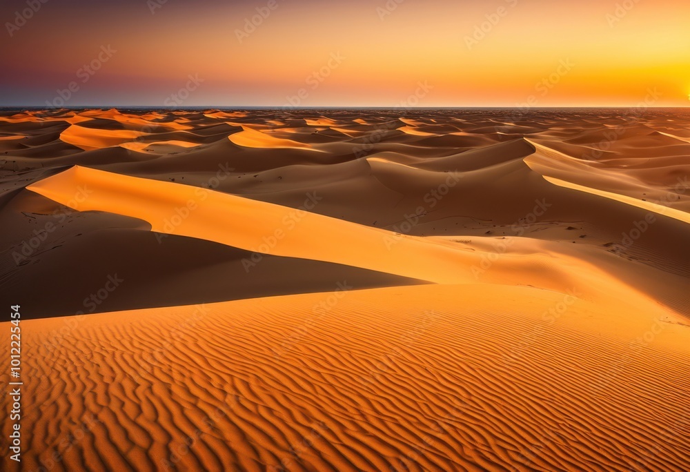 Naklejka premium expansive sandy dunes bathed vibrant sunset hues rich colors gradually blending sky, desert, landscape, nature, scene, vibrancy, light, shadow, twilight