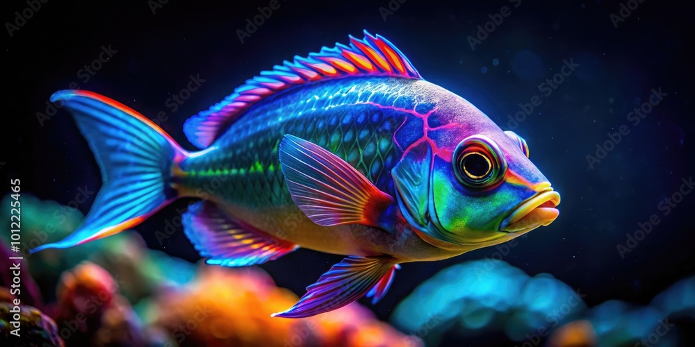 Fish with Bioluminescent Light on Its Head in Deep Sea Environment of Ocean Waters at Night Fish with Bioluminescent Light on Its Head in Deep Sea Environment of Ocean Waters at Night