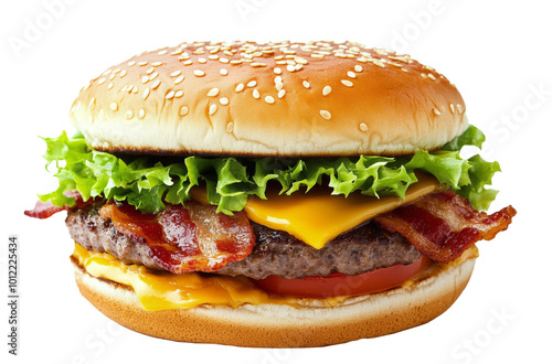 Juicy cheeseburger loaded with crispy bacon and fresh lettuce on a toasted bun