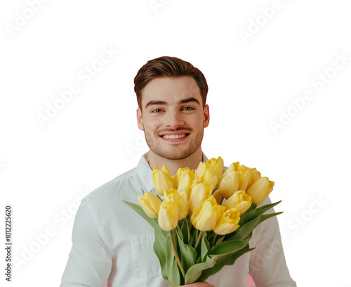 A cheerful young man holding a bouquet of yellow tulips against a pink backgr...