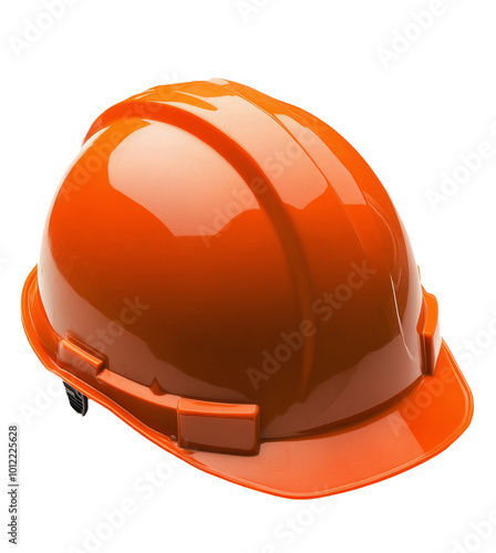 Bright orange safety helmet for construction workers placed on a white backgr...