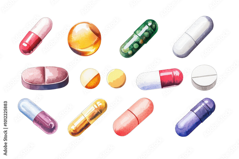 Variety of colorful pills and capsules on a white isolated background. isolated on transparent background. Variety of colorful pills and capsules on a white isolated background. isolated on transparent background.