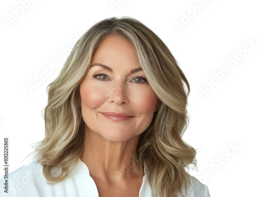 A confident woman with blonde hair poses gracefully against a simple light ba...