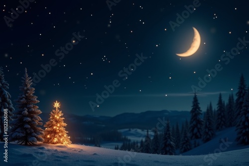 Serene Winter Night Scene with Illuminated Christmas Tree in Snowy Forest