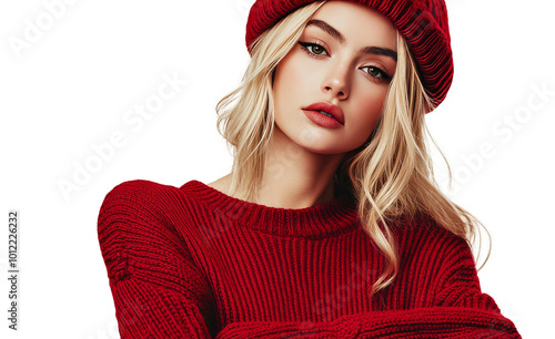 Young woman in a red sweater and hat posing confidently against a simple back...