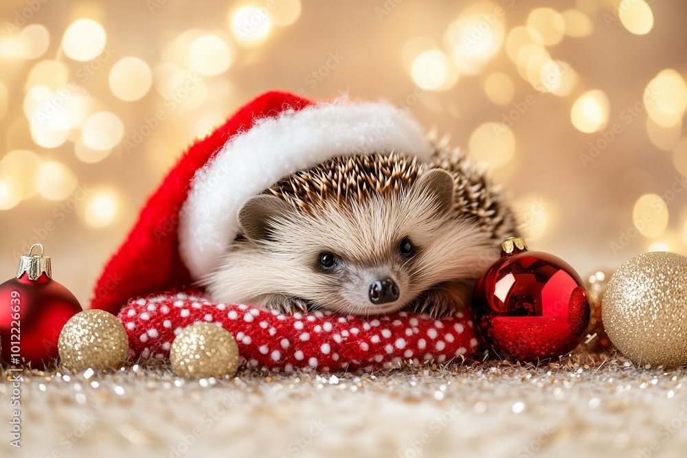 Adorable hedgehog wearing a Santa hat, nestled on a red polka dot blanket surrounded by festive Christmas ornaments. Adorable hedgehog wearing a Santa hat, nestled on a red polka dot blanket surrounded by festive Christmas ornaments.