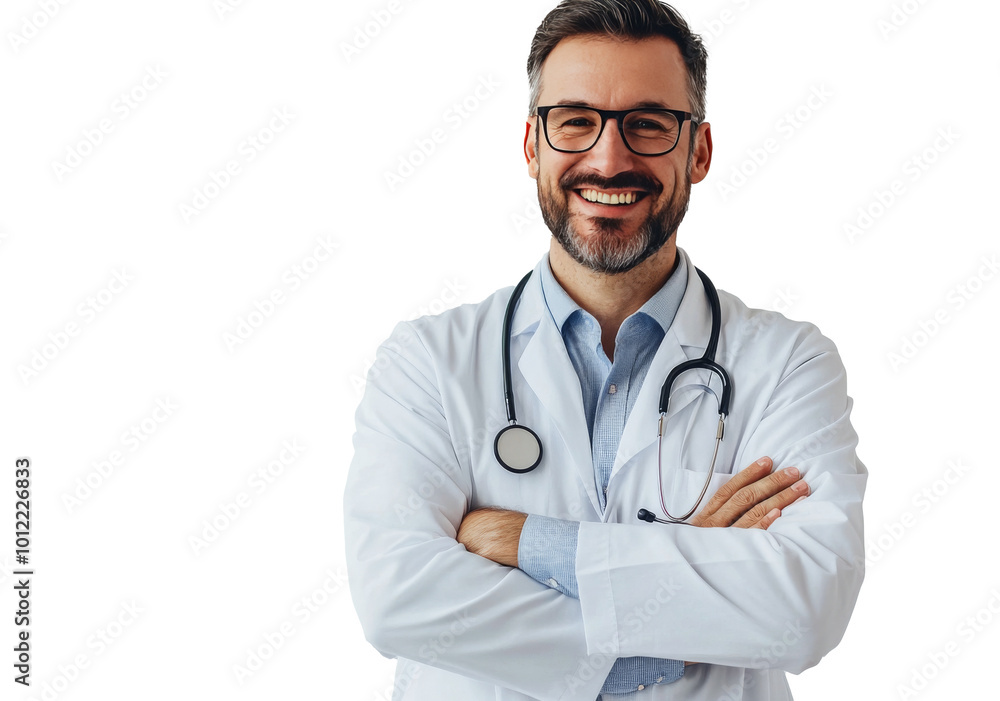 Smiling doctor in a white coat poses with arms crossed against a white background Smiling doctor in a white coat poses with arms crossed against a white background