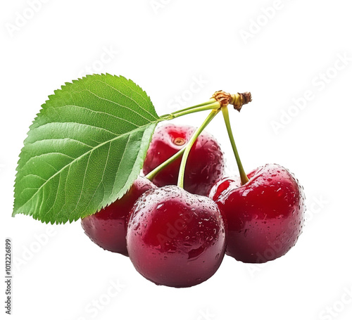 Fresh cherries with green leaves arranged artistically on a white background ...