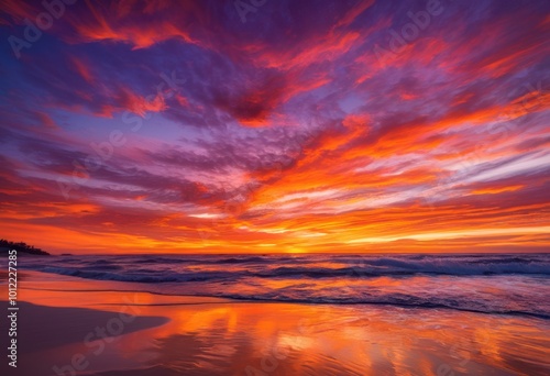 breathtaking vibrant sunset colors mirrored peaceful ocean waves creating serene natural scenery, reflection, sky, beach, nature, beauty, landscape, horizon