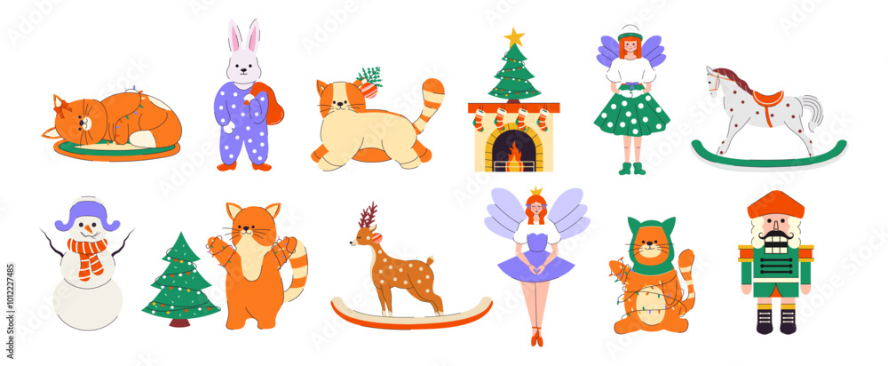 Fototapeta premium Holiday set of elements Happy New Year. Merry Christmas. Holly Jolly. December. Sticker. Trendy collection. Hand drawn. Doodle. Cut out. Christmas tree branch, toys, cats, snowman, nutcracker, rabbit