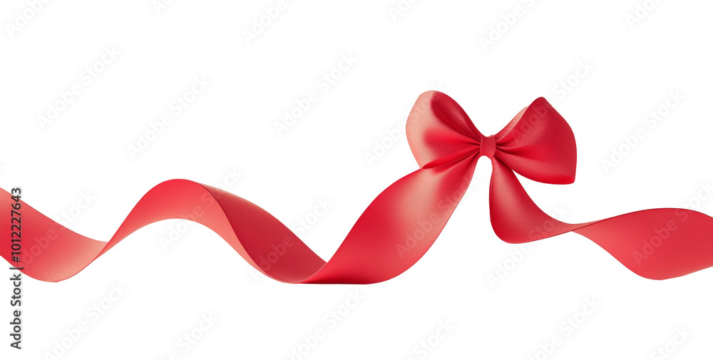 Elegant red ribbon twisted into a bow, resting on a simple white background Elegant red ribbon twisted into a bow, resting on a simple white background