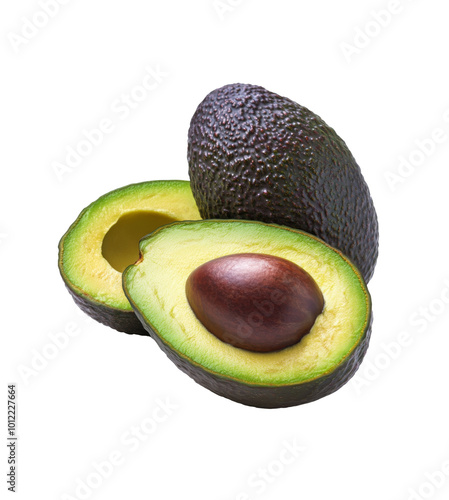 Ripe avocados cut open to reveal creamy interior and seed on a white background