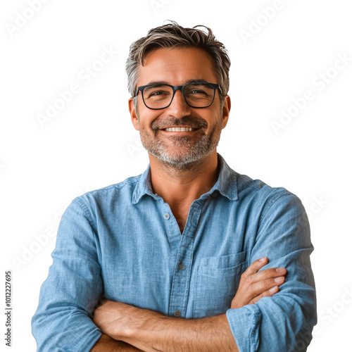 A smiling middle-aged man with glasses wears a blue shirt, arms crossed in a ...