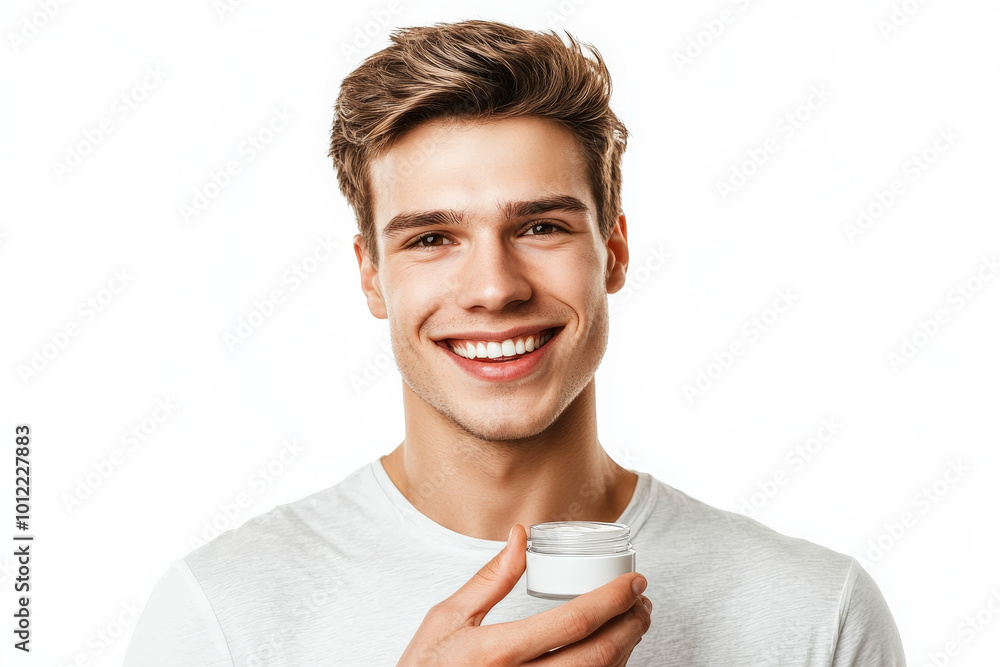 A young adult Caucasian man, smiling brightly as he holds a small jar of cream in his hand, with the white background enhancing his well-groomed look. A young adult Caucasian man, smiling brightly as he holds a small jar of cream in his hand, with the white background enhancing his well-groomed look.