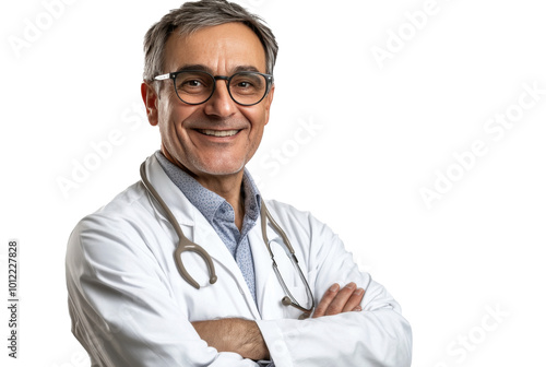 Smiling doctor in a white coat poses with arms crossed against a white backgr...