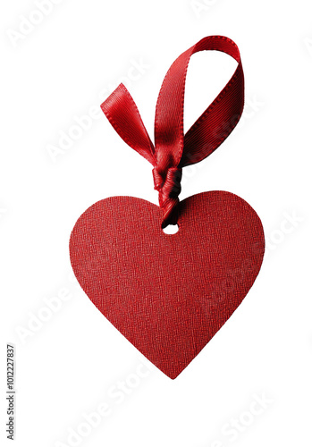 Unique red heart-shaped tag with a ribbon on a plain background for crafts or...