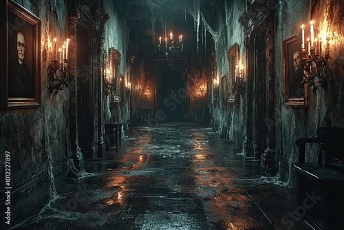 Mysterious corridor in the old castle. 3D rendering. Horror Halloween concept.