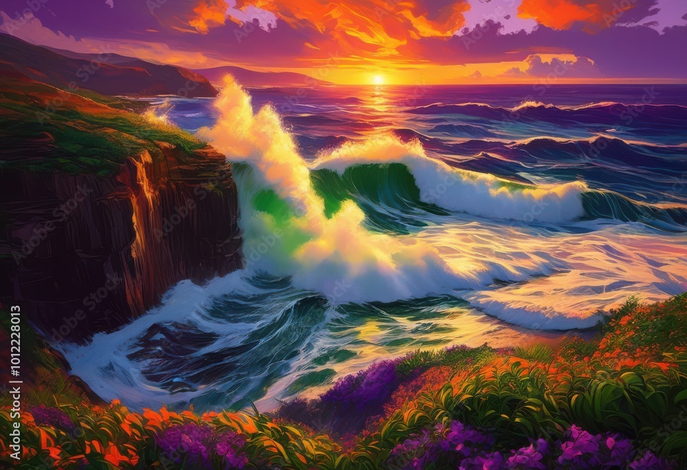 Naklejka premium dynamic waves colliding verdant coastal trails amidst breathtaking natural landscapes, beach, coastline, ocean, shoreline, cliffs, surf, rocks, water