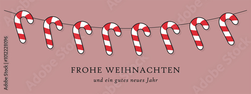 string of candy canes, frohe weihnachten und ein gutes neues jahr greeting card, zuckerstange winter holiday vector design