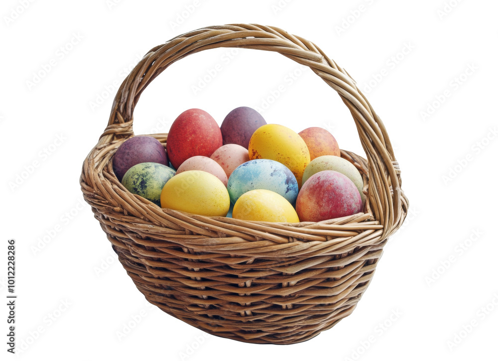 Colorful Easter eggs in a wicker basket displayed for spring celebrations and festivities Colorful Easter eggs in a wicker basket displayed for spring celebrations and festivities