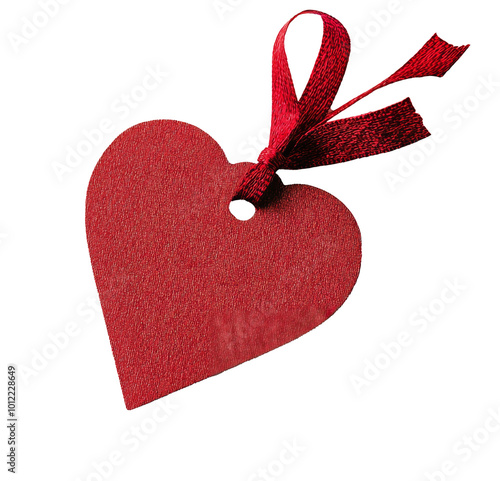 Unique red heart-shaped tag with a ribbon on a plain background for crafts or...