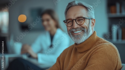 An older man smiling in a cozy setting, with a doctor in the background, highlighting themes of men's health awareness and healthy aging