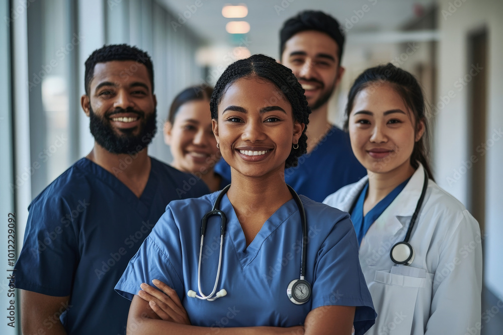 A group of diverse medical professionals, including a Black doctor, a Hispanic nurse, and an Asian physician assistant, standing together in a hospital corridor. They are smiling and looking A group of diverse medical professionals, including a Black doctor, a Hispanic nurse, and an Asian physician assistant, standing together in a hospital corridor. They are smiling and looking