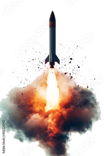 Rocket launch with explosive ascent against a clear background depicting powe...