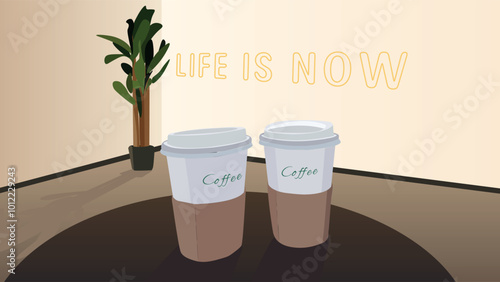Coffee shop vector illustration. Two takeaway paper coffee cups  on cafe table and Dracaena Fragrans tree in background. Yellow neon sign life is now on the wall.