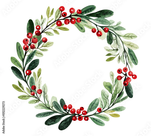 Vibrant green wreath adorned with red berries, ideal for seasonal decorations...