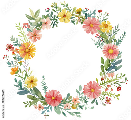 A beautiful watercolor floral wreath design featuring a mix of flowers and greenery