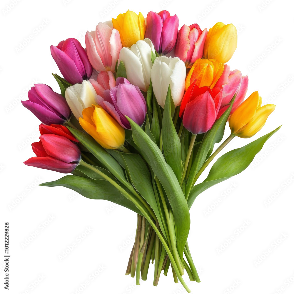 A vibrant bouquet of tulips in various colors arranged on a white background A vibrant bouquet of tulips in various colors arranged on a white background
