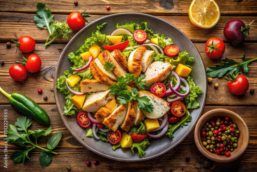 Fresh and Colorful Chicken Salad with Vegetables, Greens, and Dressing on a Wooden Table Surface Fresh and Colorful Chicken Salad with Vegetables, Greens, and Dressing on a Wooden Table Surface
