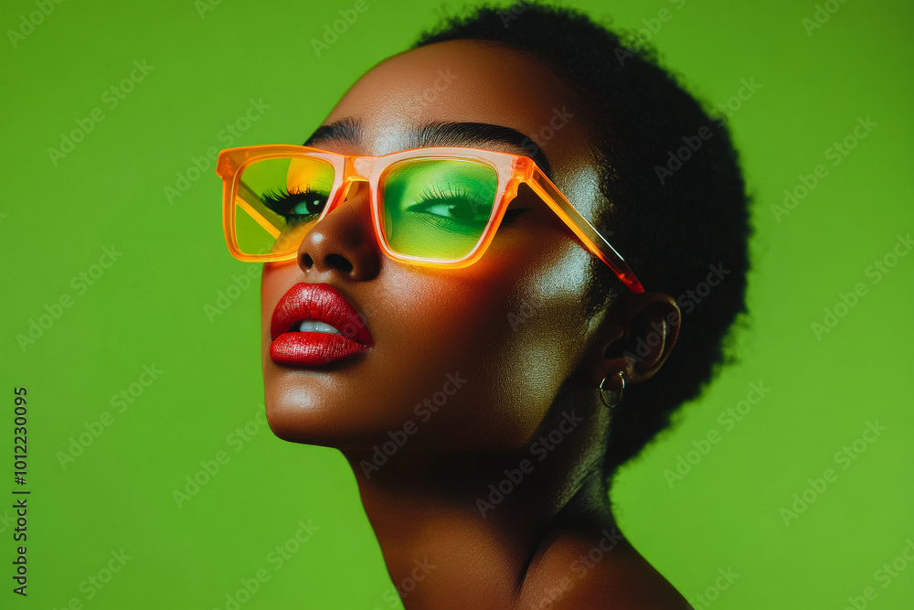 A young African American woman wearing vibrant neon acrylic glasses and exaggerated makeup. Her bold look is complemented by bright reflections in the studio, with a striking green background A young African American woman wearing vibrant neon acrylic glasses and exaggerated makeup. Her bold look is complemented by bright reflections in the studio, with a striking green background
