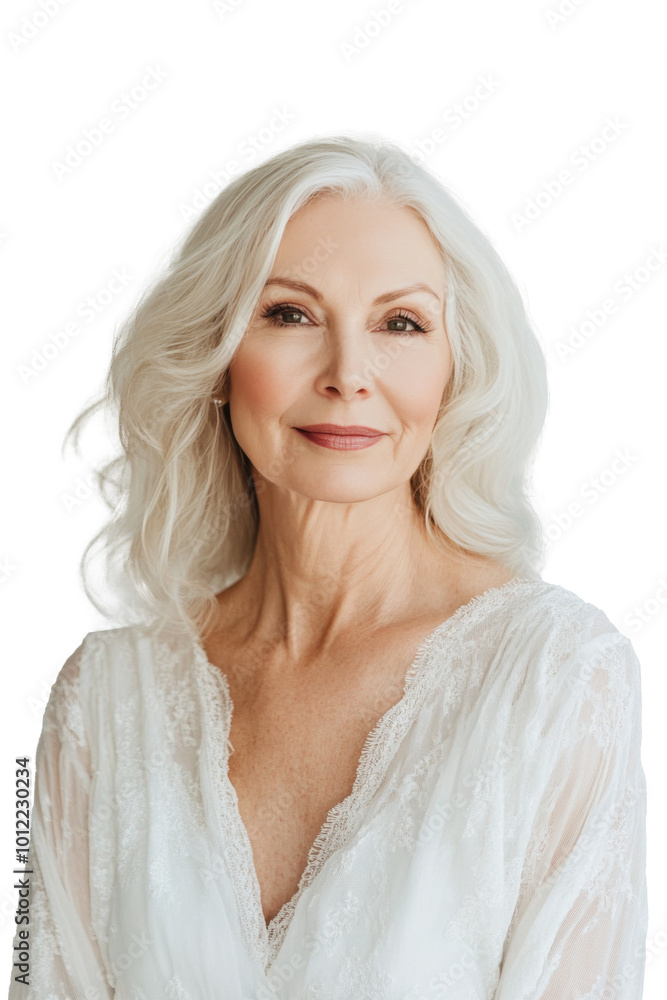 Elegant elderly woman with silver hair wearing a lace dress against a neutral background Elegant elderly woman with silver hair wearing a lace dress against a neutral background