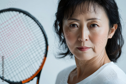 A middle-aged Japanese woman elegantly poised on the court, ready to play tennis. Her focused expression and the simplicity of the white background create an inspiring athletic portrait.