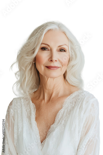 Elegant elderly woman with silver hair wearing a lace dress against a neutral...
