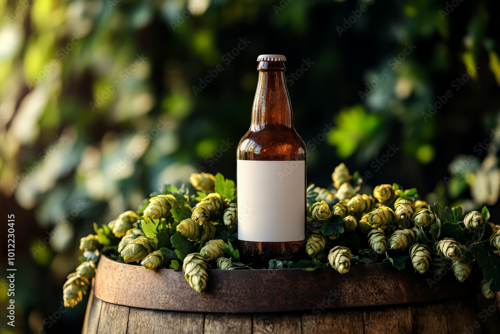 Fototapeta premium A brown beer bottle with a blank white label resting on a wooden barrel, surrounded by vibrant hops. The soft natural lighting accentuates the details, creating a warm and welcoming atmosphere.