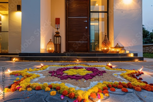 Vibrant Traditional Rangoli with Flower Petals and Lamps for Modern Home Entrance Decor photo