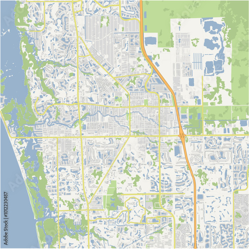 Map of Bonita Springs in Florida in a normal road map style. Contains layered vector with roads water, parks, etc.