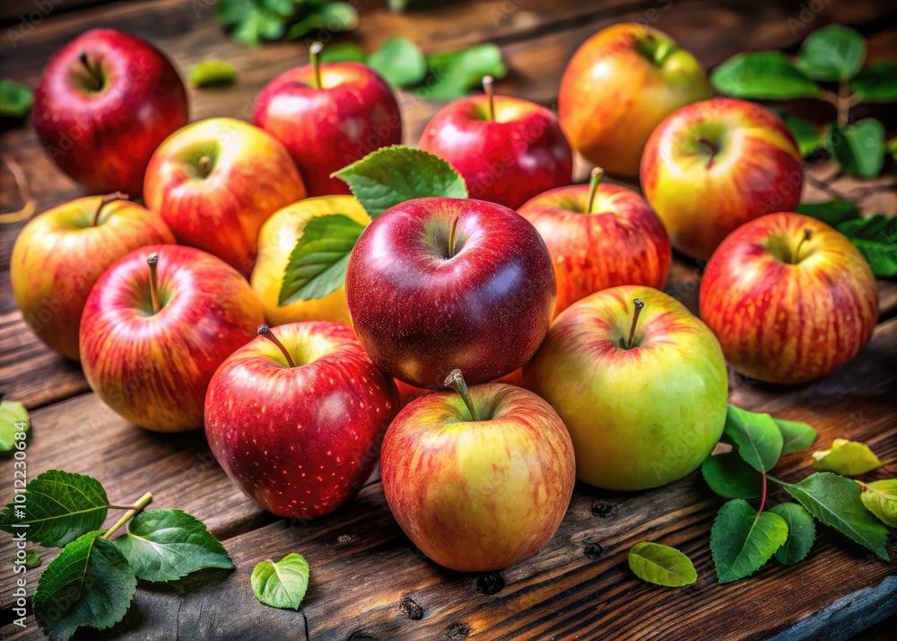 Fresh and Juicy Apples in a Colorful Display on a Wooden Table Surrounded by Greenery Fresh and Juicy Apples in a Colorful Display on a Wooden Table Surrounded by Greenery