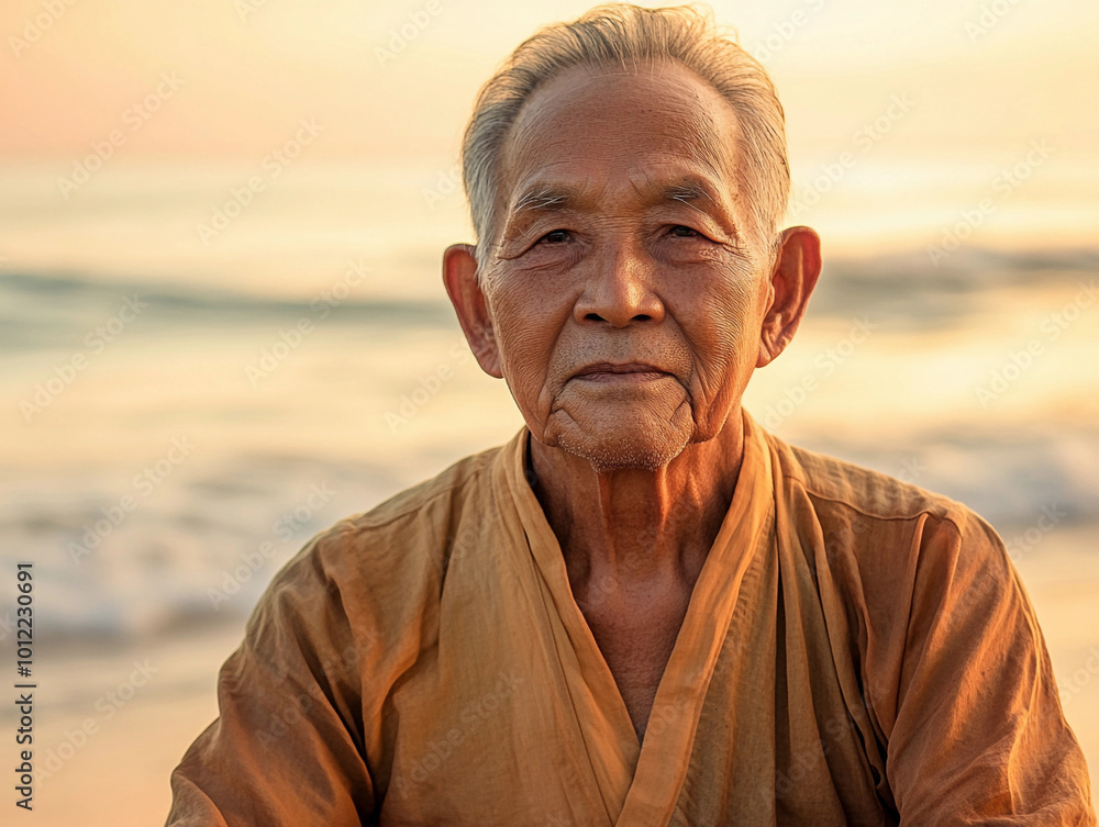 Elderly Man Meditating on the Beach at Sunset, Zen Meditation Practice, Peaceful Ocean Setting, Spiritual Reflection, Mindfulness, Serenity, Connection with Nature, Calm and Tranquil Evening Scene Elderly Man Meditating on the Beach at Sunset, Zen Meditation Practice, Peaceful Ocean Setting, Spiritual Reflection, Mindfulness, Serenity, Connection with Nature, Calm and Tranquil Evening Scene