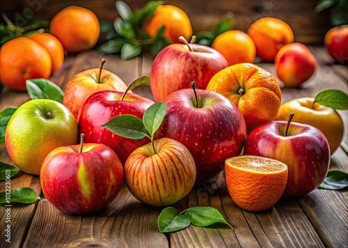 Fresh and Juicy Apples and Oranges Displayed Together on a Wooden Table in Natural Light