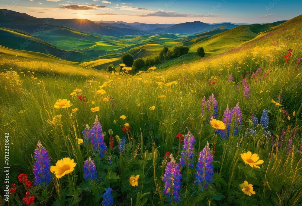 Obraz premium breathtaking lush fields adorned vibrant flowers set majestic rolling hills under clear blue sky, blooming, blossoms, wildflowers, flora, meadow